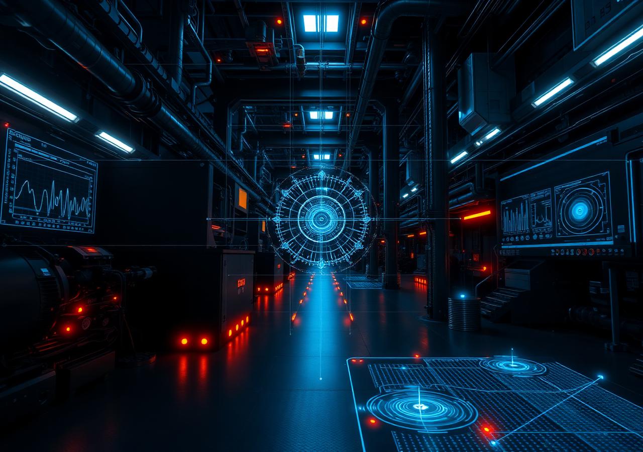 Industrial facility with digital twin wireframe and machine telemetry overlays