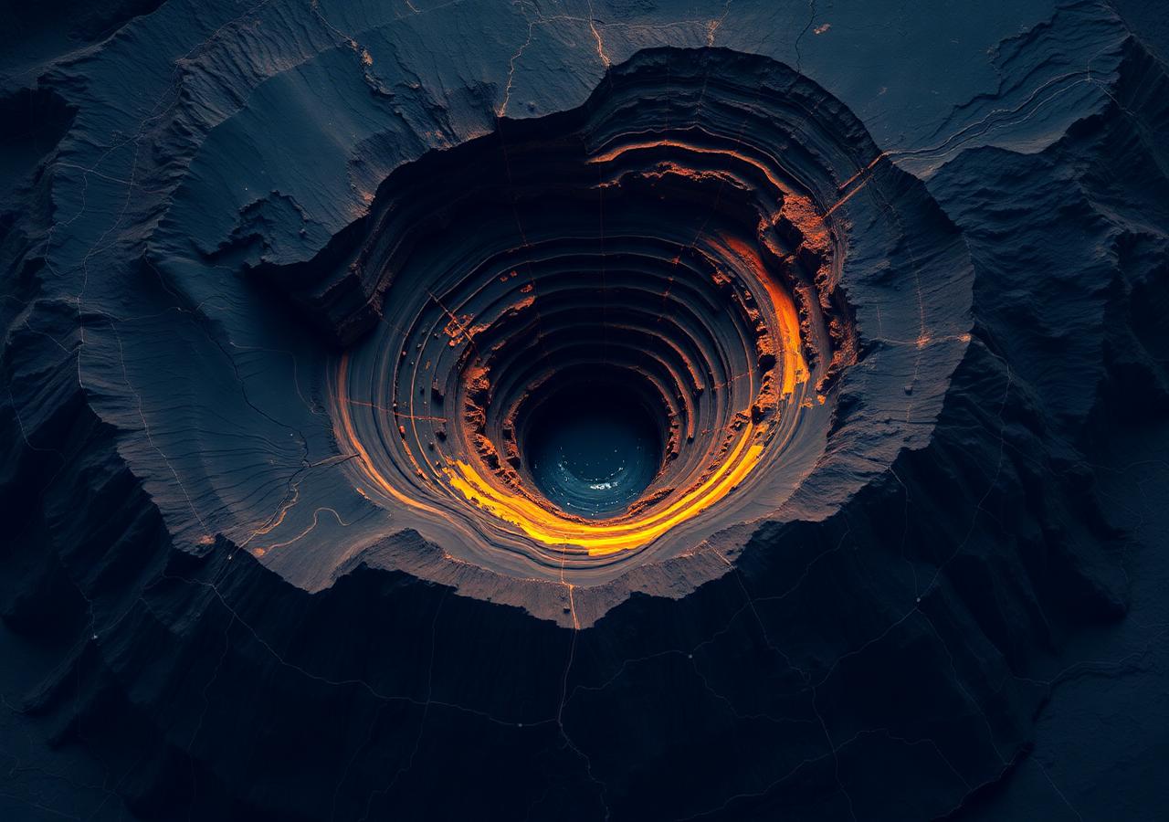 Aerial geospatial view of an open-pit mine with subsurface data overlays